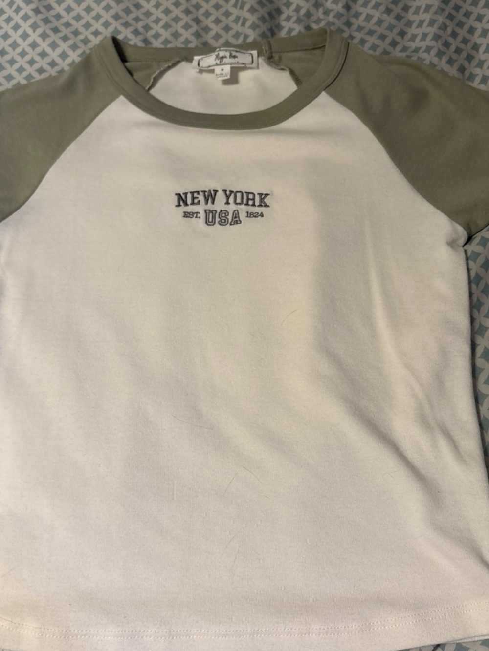 New York USA White & Olive Raglan Tee